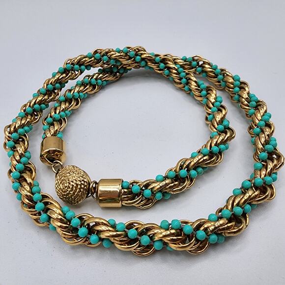 1972 Avon Rope Twist Necklace Gold Tone Chain Turquoise Beads Vintage Box Clasp - Picture 5 of 7